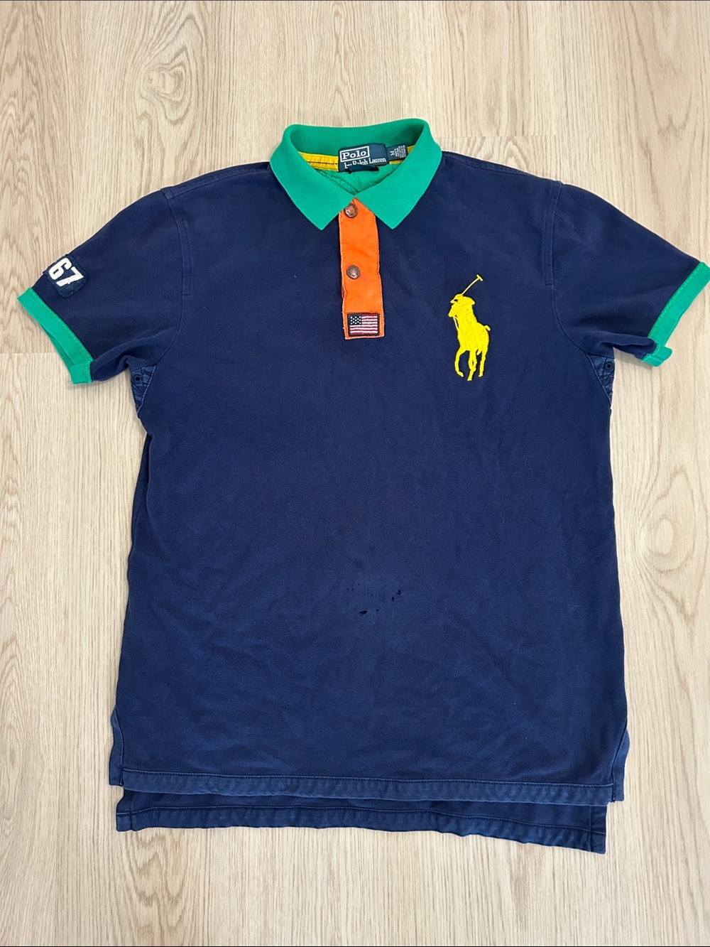 VTG Polo by Ralph Lauren Navy Big Polo with Green Collar/Orange Placket sz XL